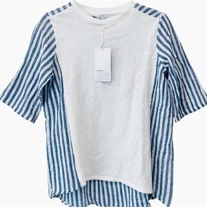 ZARA Blue White Striped Cotton Gauze Top Short Sleeve Pullover Small NWT